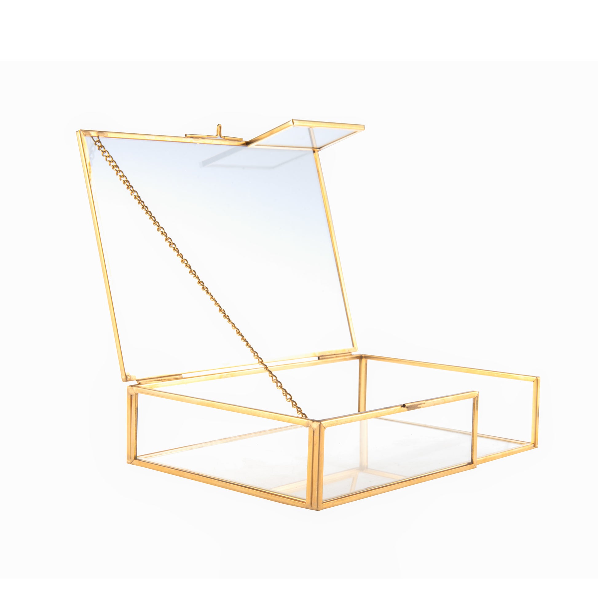 Gold Glass Display Box featuring a clear glass body, gold frame, and decorative metal chain lid design