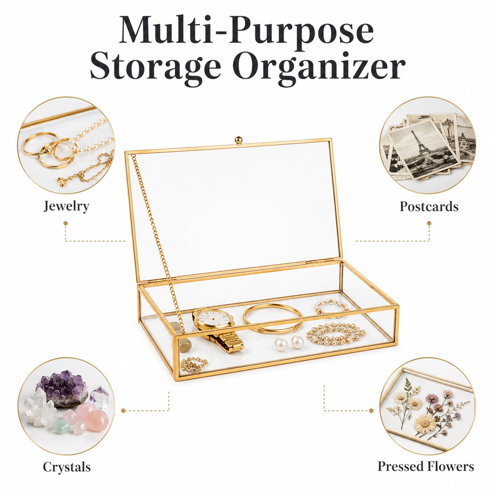 Gold Clear Glass Display Box featuring a versatile design for jewelry, keepsakes, and decorative item storage