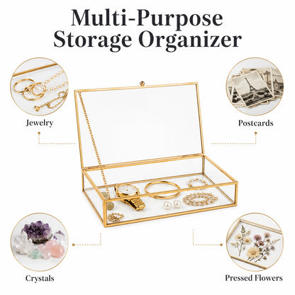 Gold Clear Glass Display Box featuring a versatile design for jewelry, keepsakes, and decorative item storage