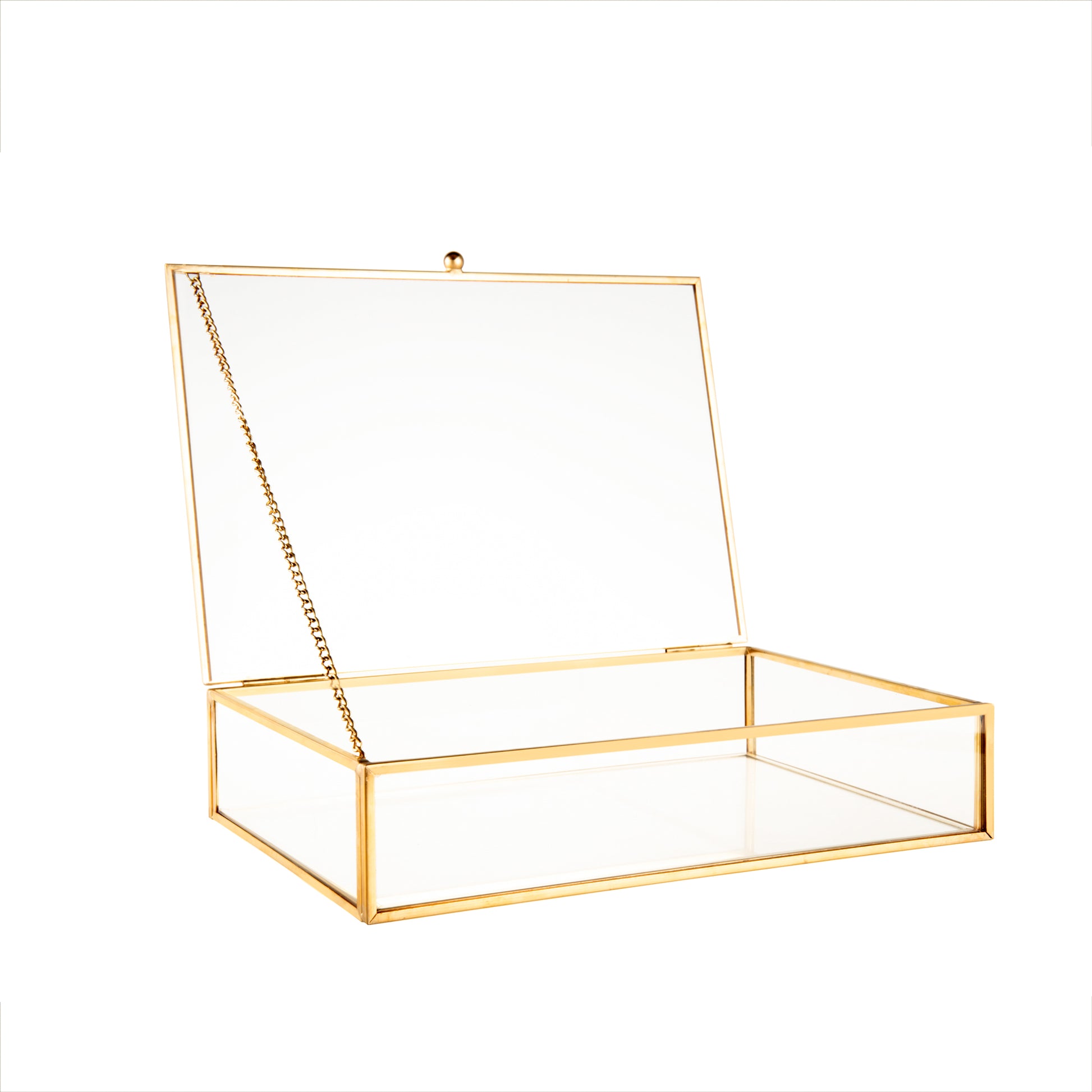 Gold Clear Glass Display Box with a hinged lid and gold frame for organizing jewelry, photos, and small keepsakes