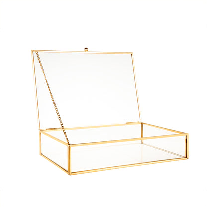 Gold Clear Glass Display Box with a hinged lid and gold frame for organizing jewelry, photos, and small keepsakes
