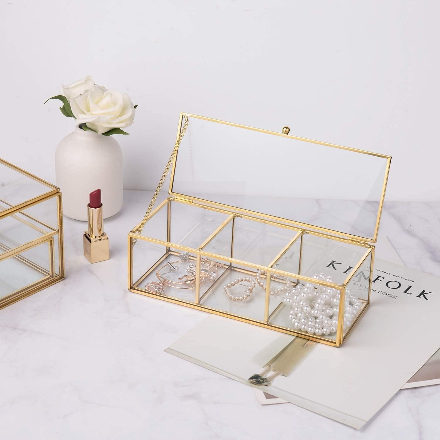 Glass Organizer Box featuring three divided sections for stylish decoration storage and display