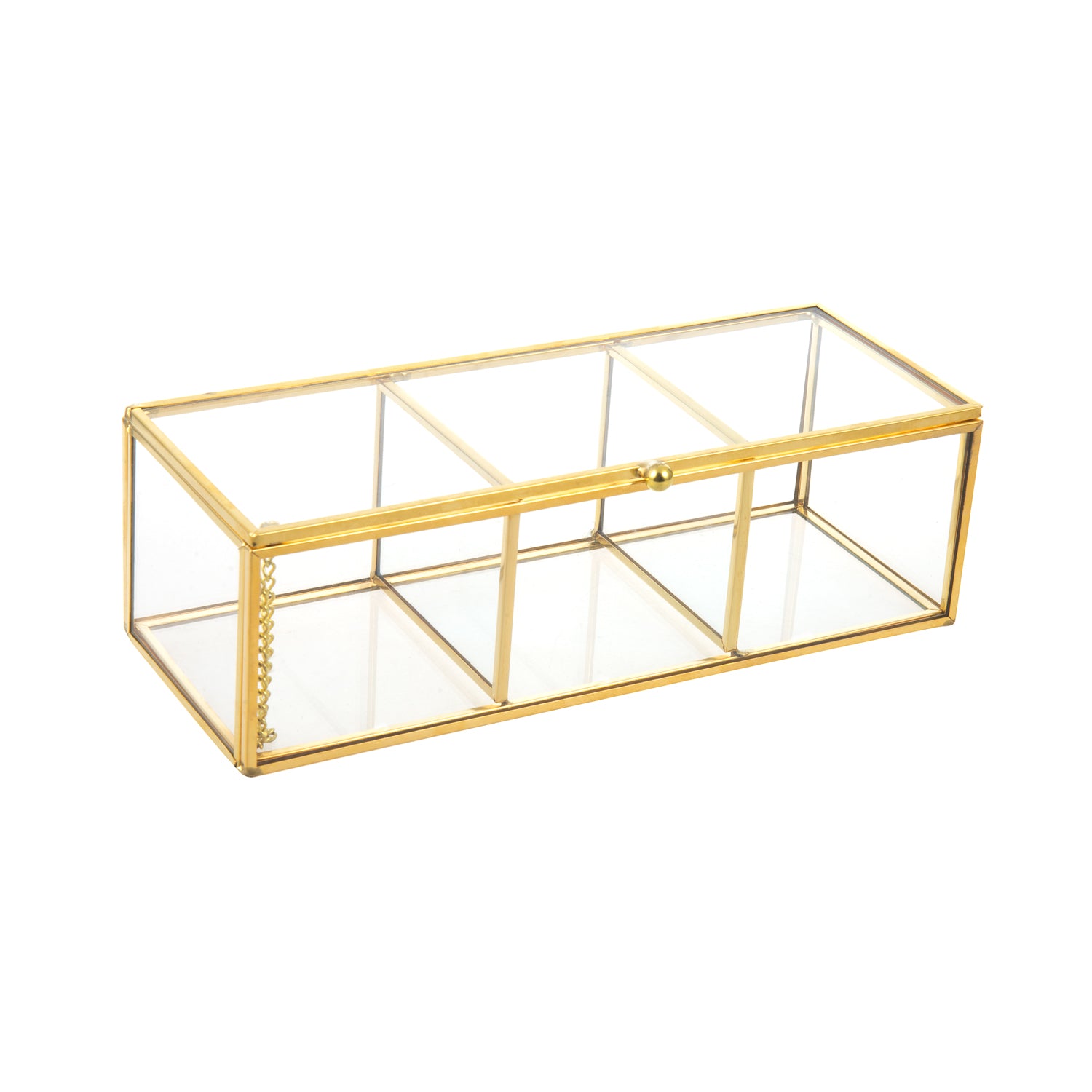 Gold Glass Display Box featuring a clear glass body, gold frame, and decorative chain lid detail