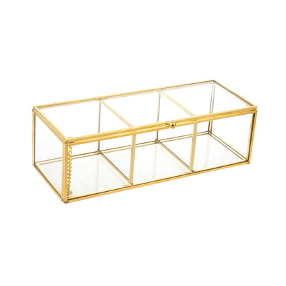 Gold Glass Display Box featuring a clear glass body, gold frame, and decorative chain lid detail