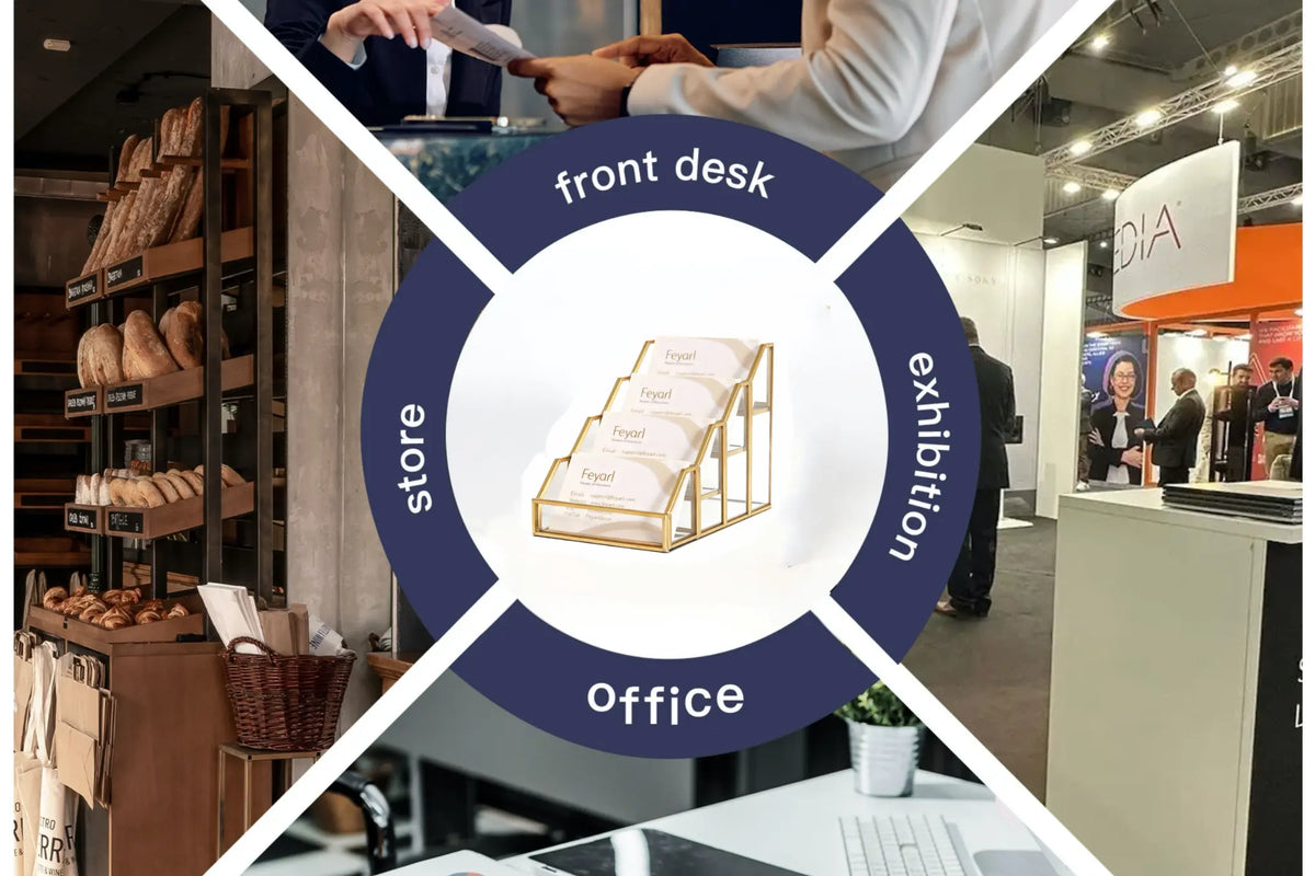 Transparent Glass Display Stand with Gold Metal Frame for Front Desk, Office, Store, and Exhibition Displays