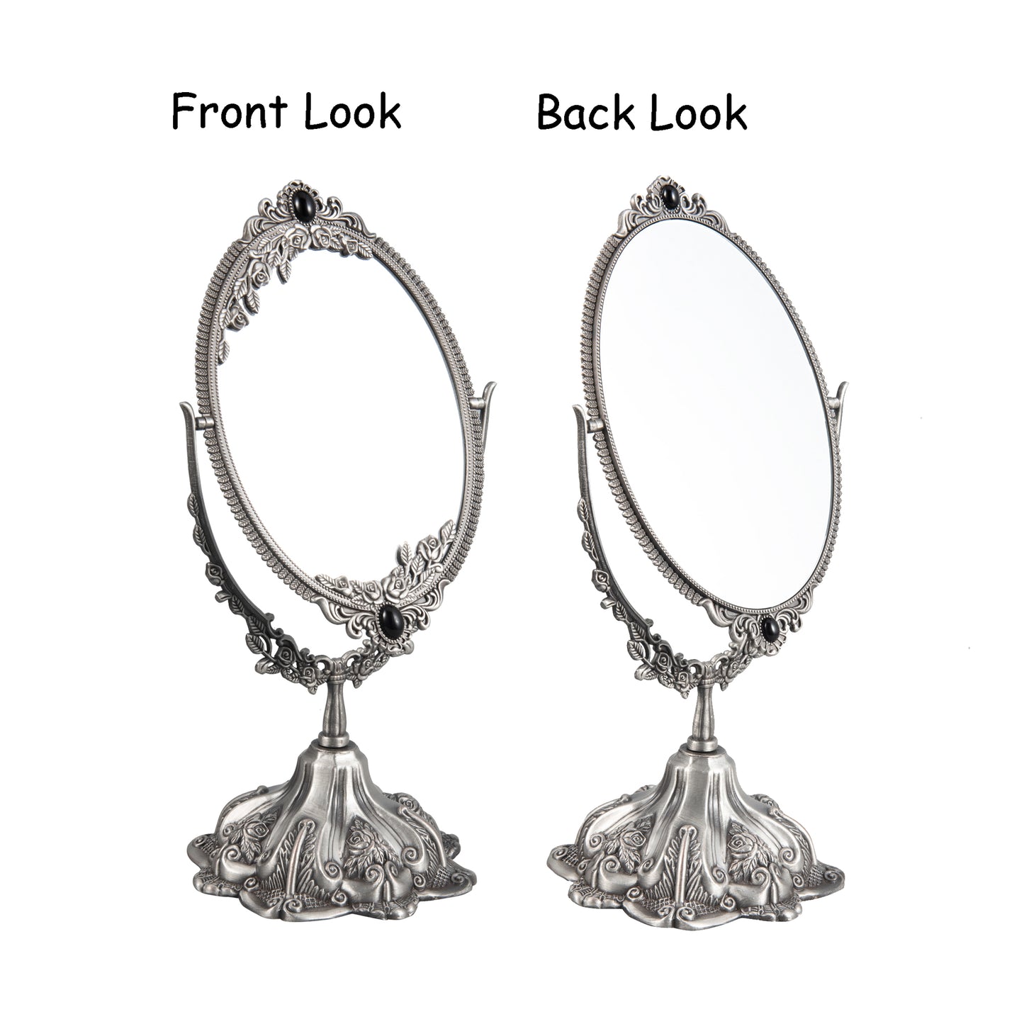 Vintage Vanity Mirror showing front and back views with floral details and two-sided swivel design