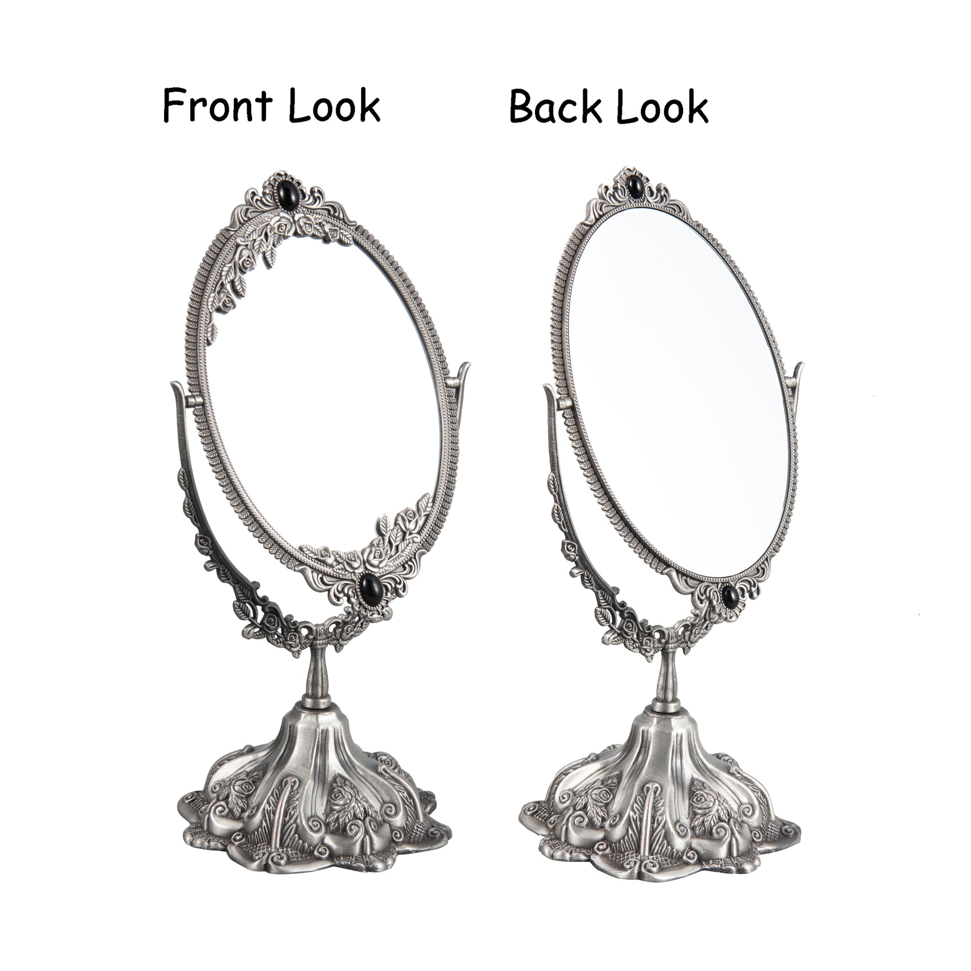 Vintage Vanity Mirror showing front and back views with floral details and two-sided swivel design