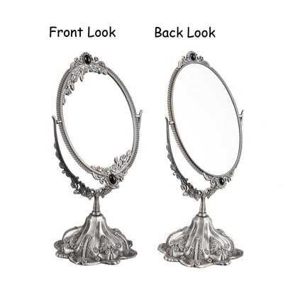 Vintage Vanity Mirror showing front and back views with floral details and two-sided swivel design