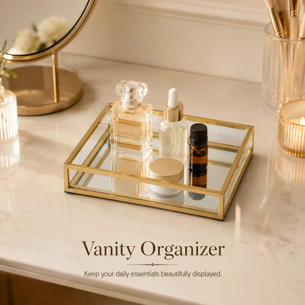 Gold Glass Vanity Organizer keeping beauty essentials neatly arranged on a vanity table