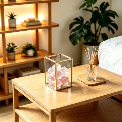 Feyarl Clear Glass Desk Organizer Holding Crystals with Gold Frame for Decorative Display