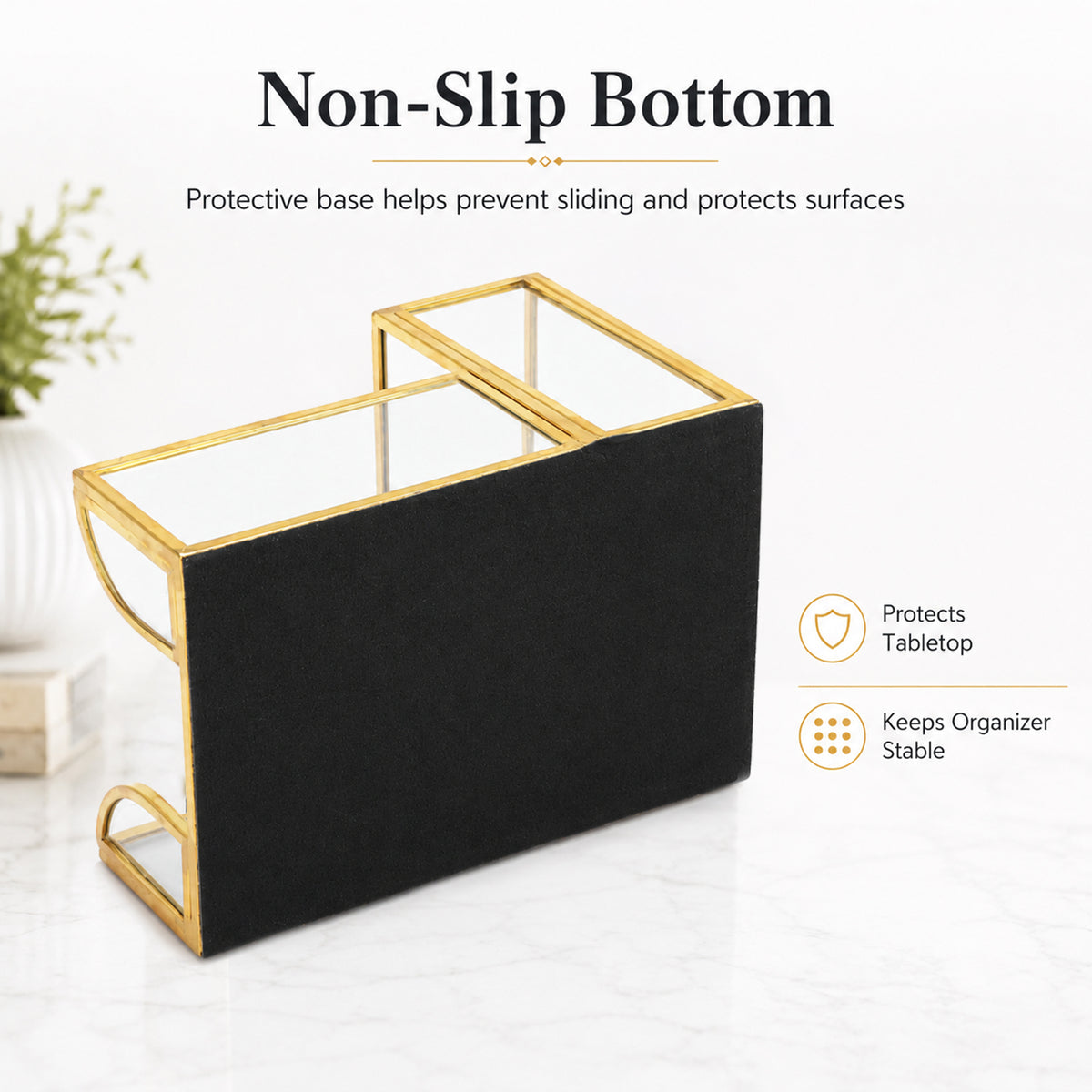 Non Slip Bottom Design of Feyarl Gold Glass Note Holder Protecting Desk Surface from Scratches and Wear