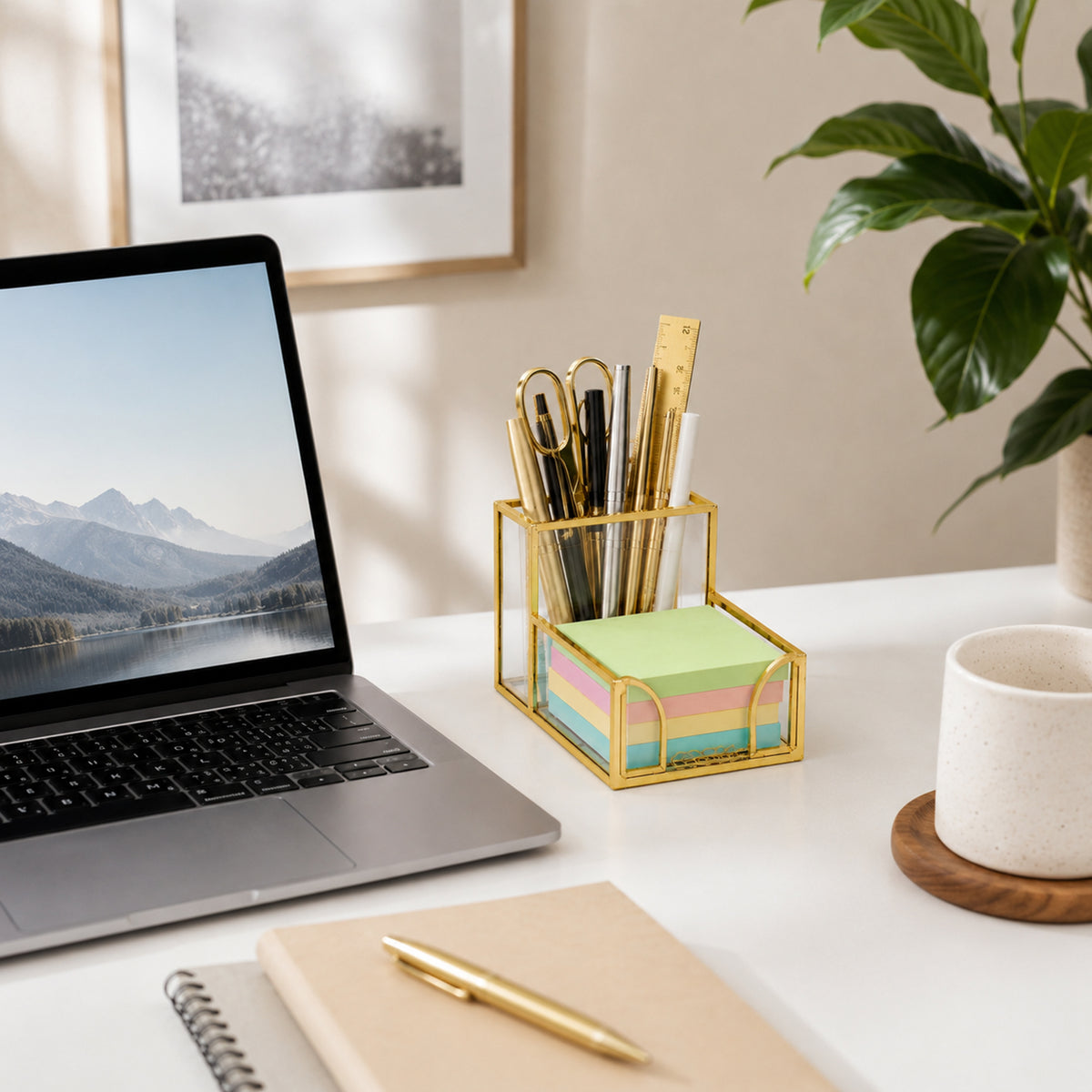 Feyarl Gold Glass Note Holder with Pen Cup Displayed on Office Desk for Organized Workspace