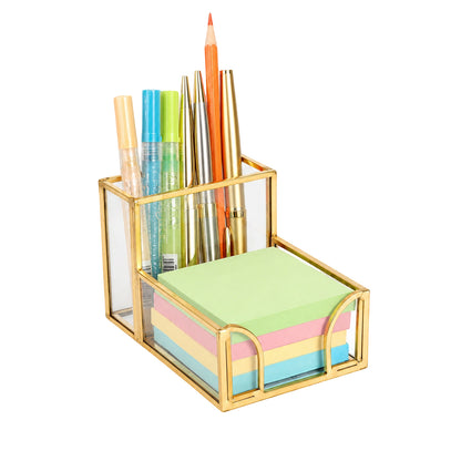 Feyarl Gold Glass Note Holder Filled with Sticky Notes and Pens for Desktop Organization