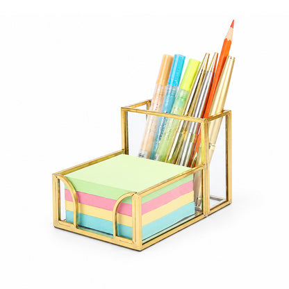 Feyarl Gold Glass Note Holder with Pen Cup and Sticky Note Compartment Filled with Pens and Notes