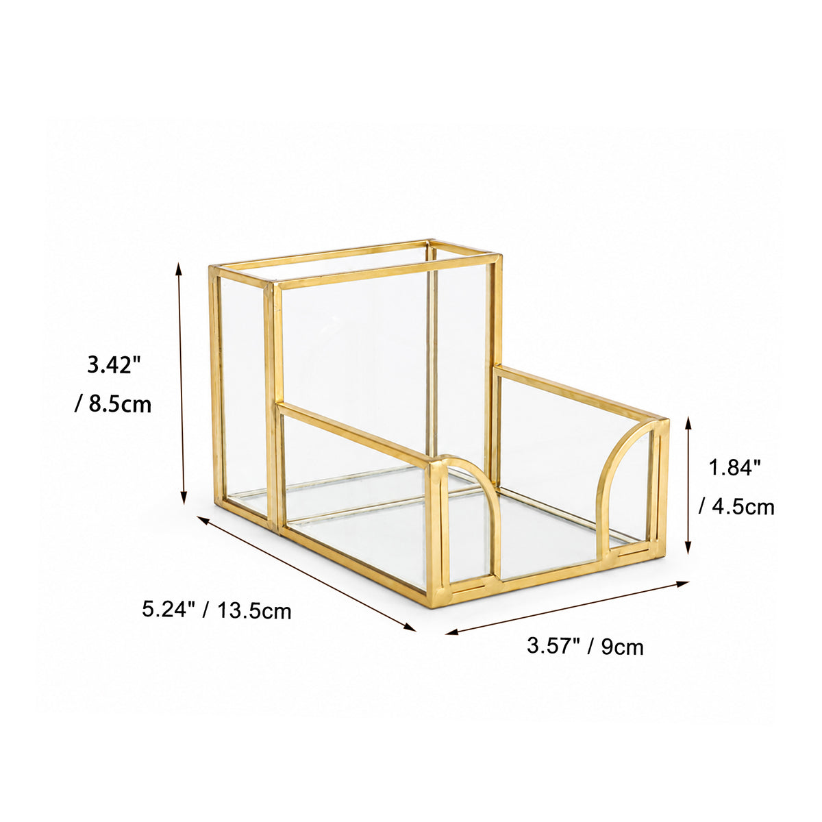 Feyarl Clear Glass Note Holder with Gold Frame Displaying Product Size Details for Desktop Organization