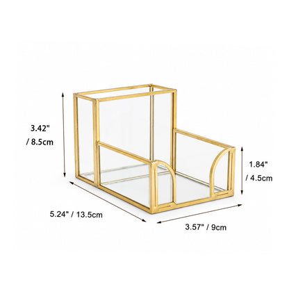 Feyarl Clear Glass Note Holder with Gold Frame Displaying Product Size Details for Desktop Organization
