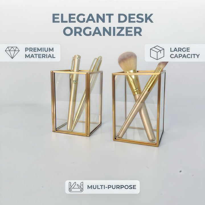 Large Clear Glass Desk Organizer Featuring Durable Construction and High Transparency Glass with Gold Frame