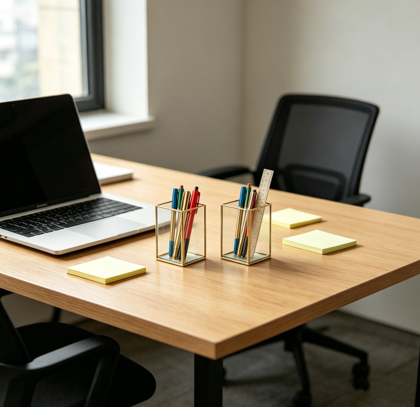 Feyarl Clear Glass Pen Holder Filled with Pens on Office Desk for Organized Workspace