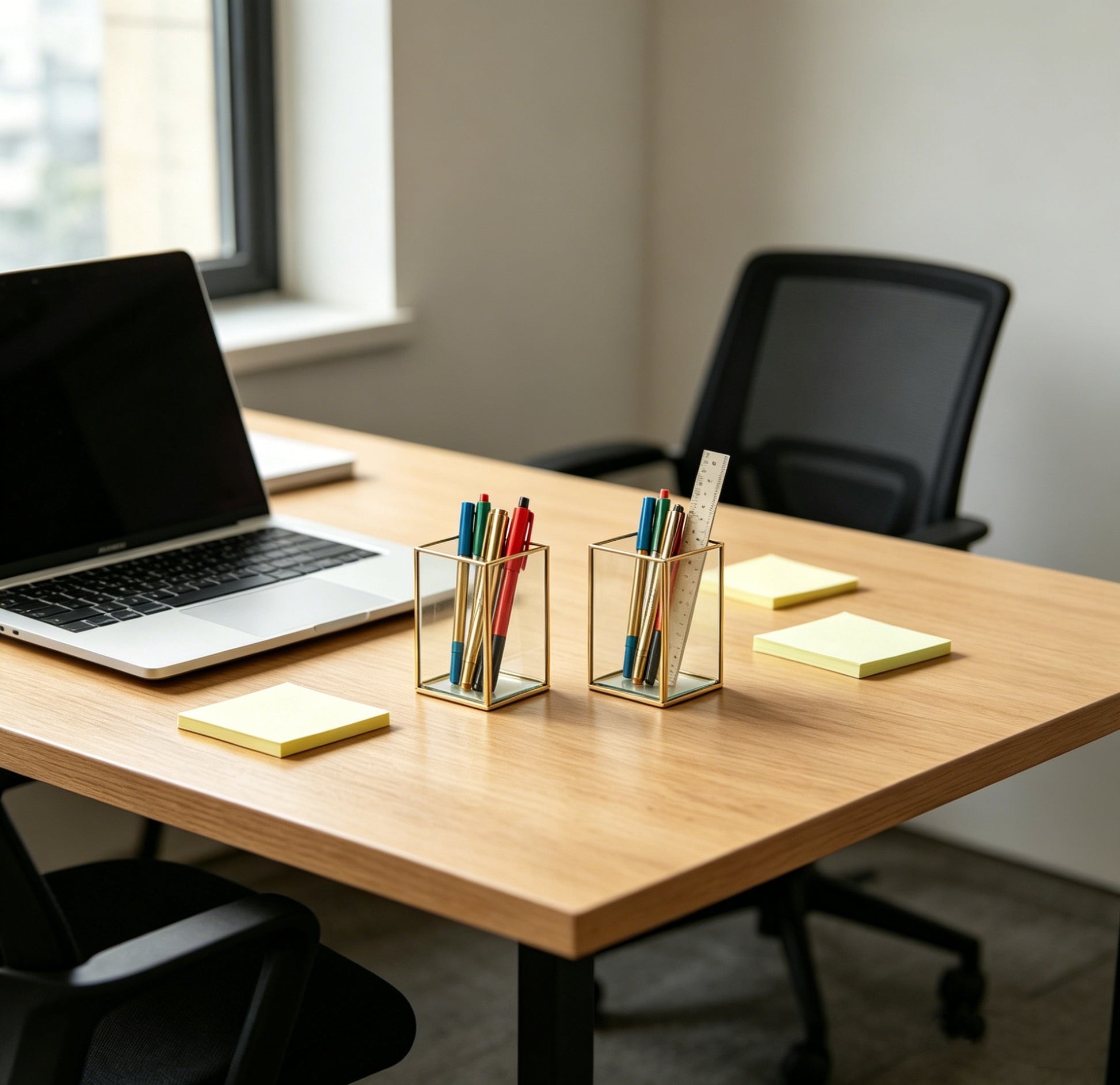 Feyarl Clear Glass Pen Holder Filled with Pens on Office Desk for Organized Workspace