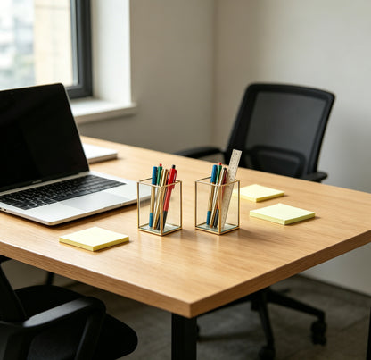 Feyarl Clear Glass Pen Holder Filled with Pens on Office Desk for Organized Workspace