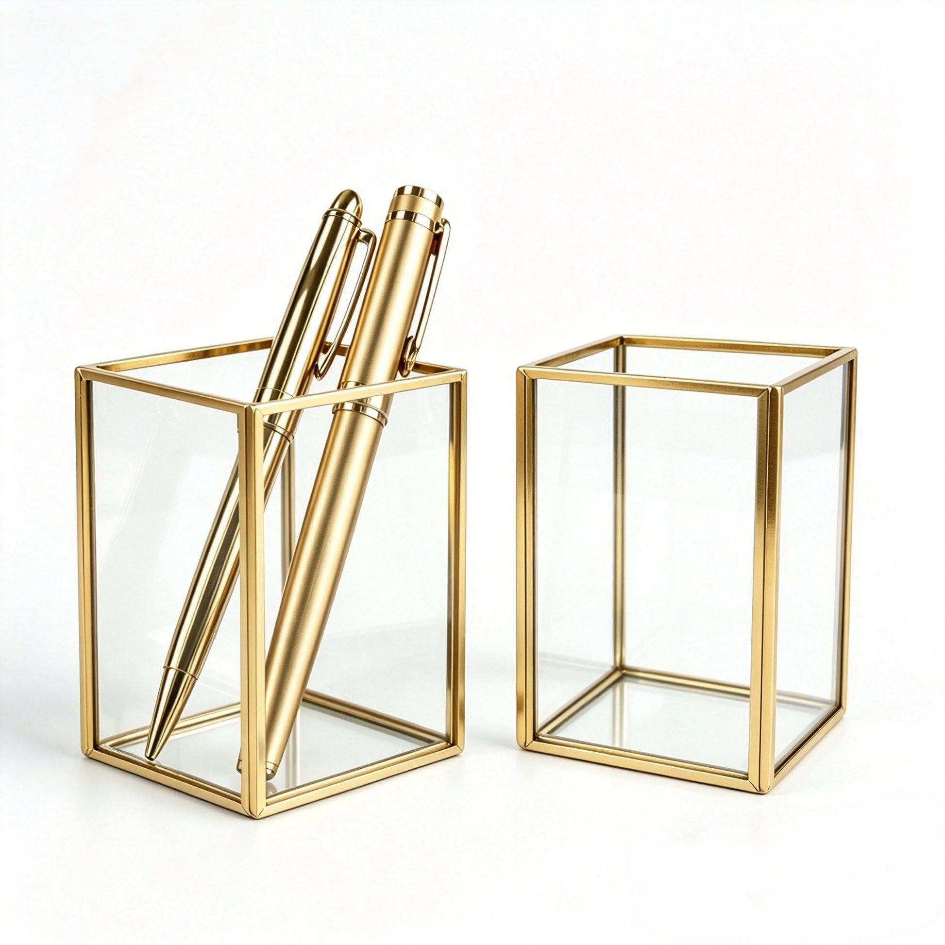 Feyarl Clear Glass Pen Holder Set with Gold Metal Frame for Pens Pencils and Makeup Brushes