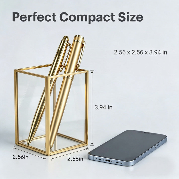 Feyarl Clear Glass Pen Holder Size Guide Showing 2.56 x 2.56 x 3.94 Inch Dimensions