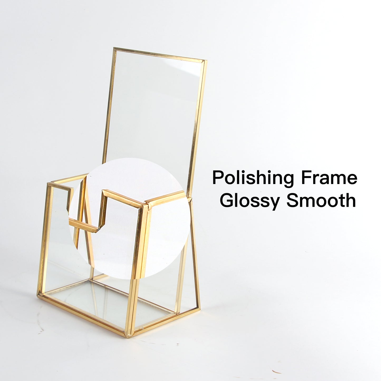 Brochure Holder close-up highlighting the smooth glossy frame and refined glass craftsmanship