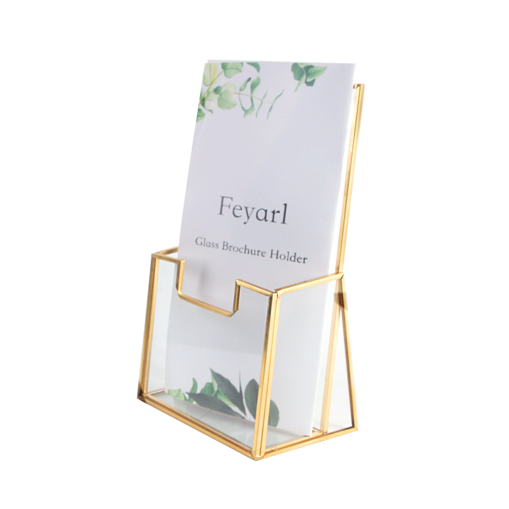Feyarl Glass Brochure Holder with gold edge, clear 2mm glass construction and polished frame for professional brochure displays