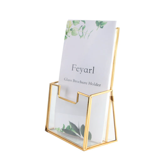 Feyarl Glass Brochure Holder with gold edge, clear 2mm glass construction and polished frame for professional brochure displays