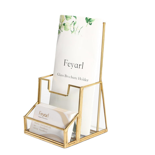 Feyarl Clear Glass Brochure Holder featuring a sleek trifold structure and gold trim for a modern office display