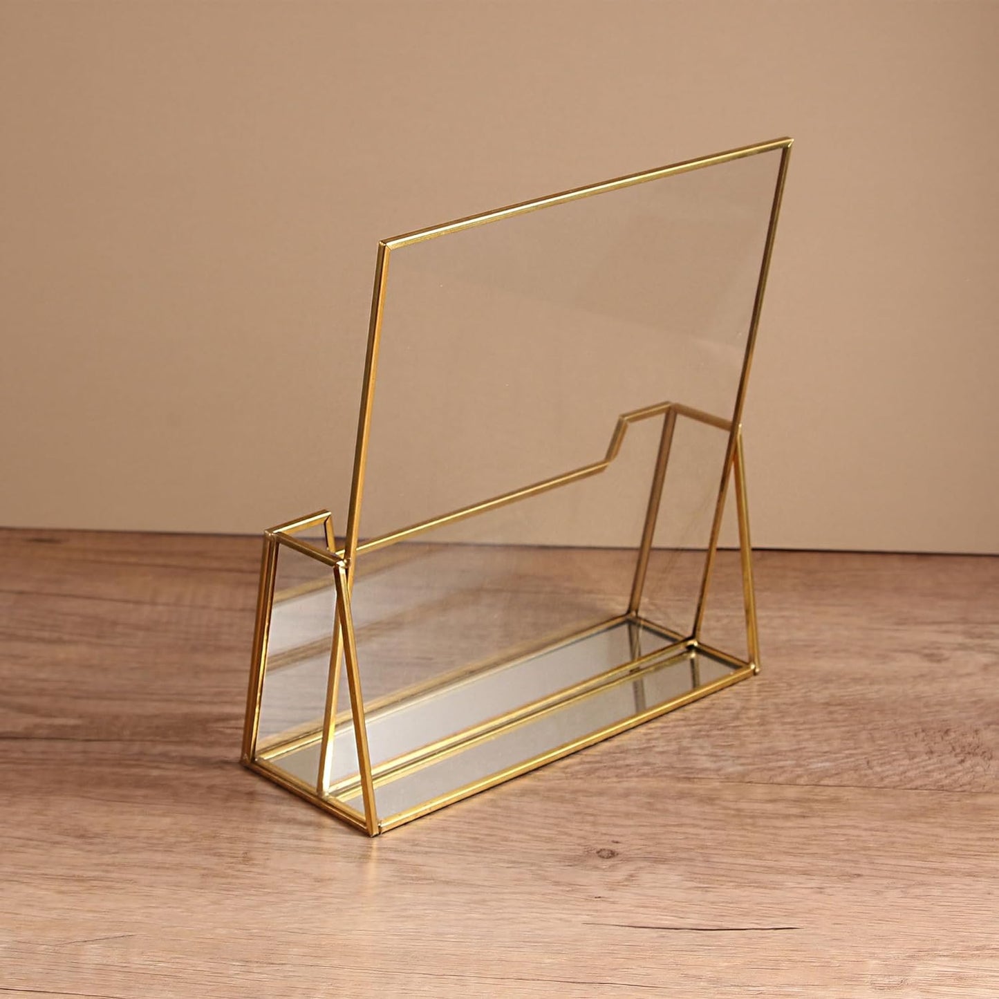 Gold Frame Glass Brochure Holder side profile highlighting its slim design and polished glass construction