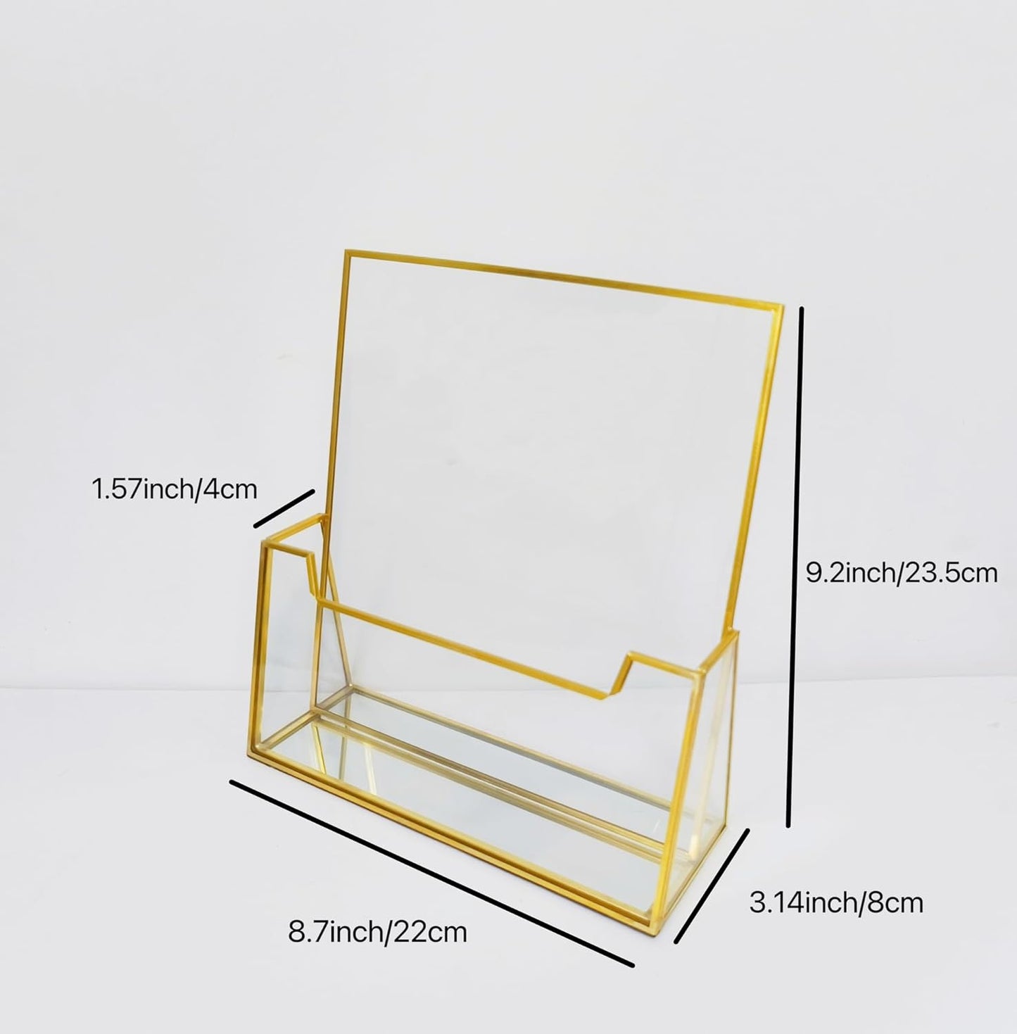 Elegant Brochure Holder dimension chart highlighting the overall size and compact countertop display design