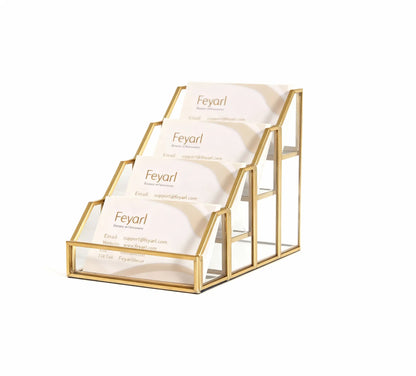 Feyarl Clear Glass Business Card Display Stand with Gold Frame and 4-Tier Vertical Organizer Design