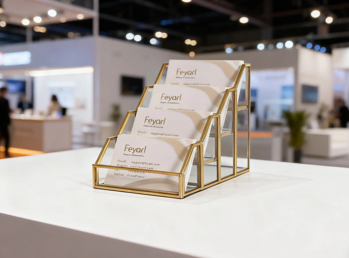 Display Stand with Gold Metal Frame Displayed on a Front Desk for an Elegant Reception Setup