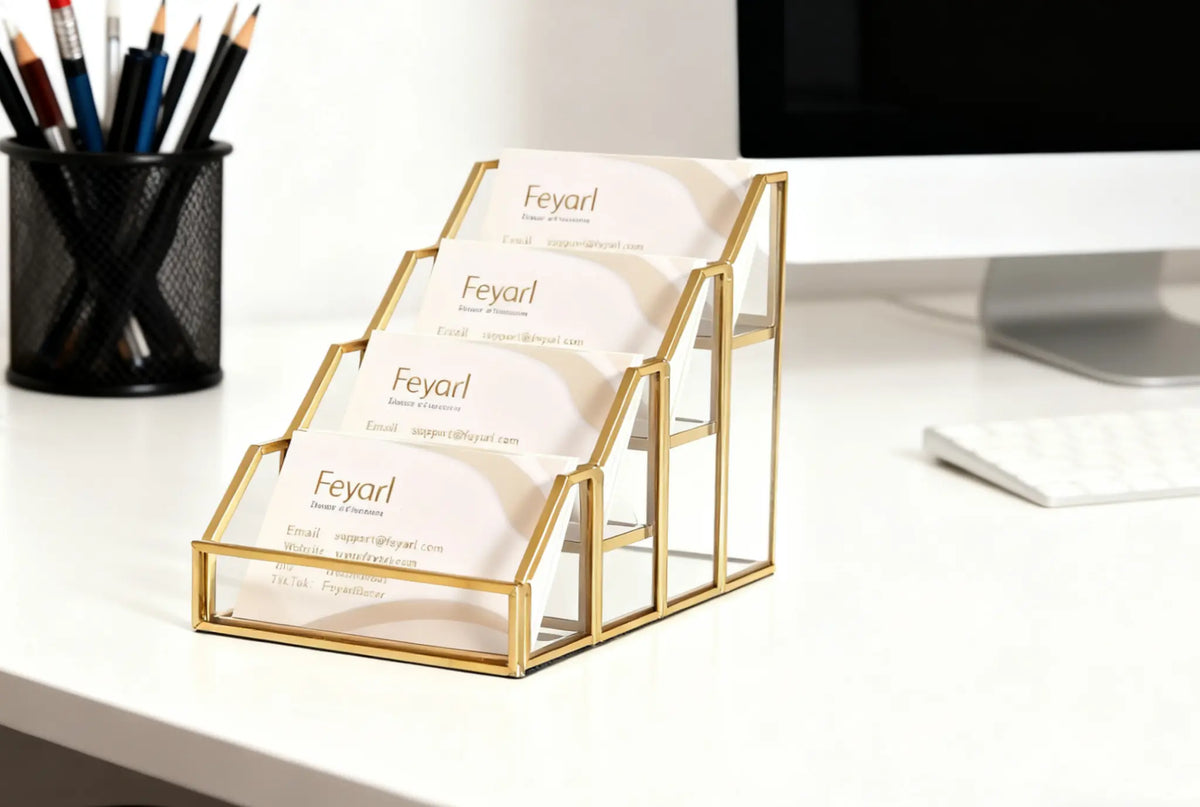 Display Stand with Gold Metal Frame on an Office Desk for a Clean and Professional Workspace Display