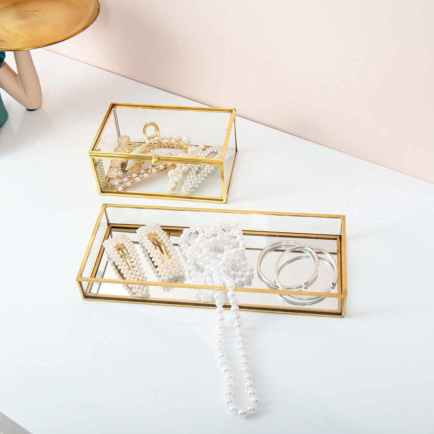 Clear Glass Organizer Tray displaying jewelry with transparent sides for a stylish visible display