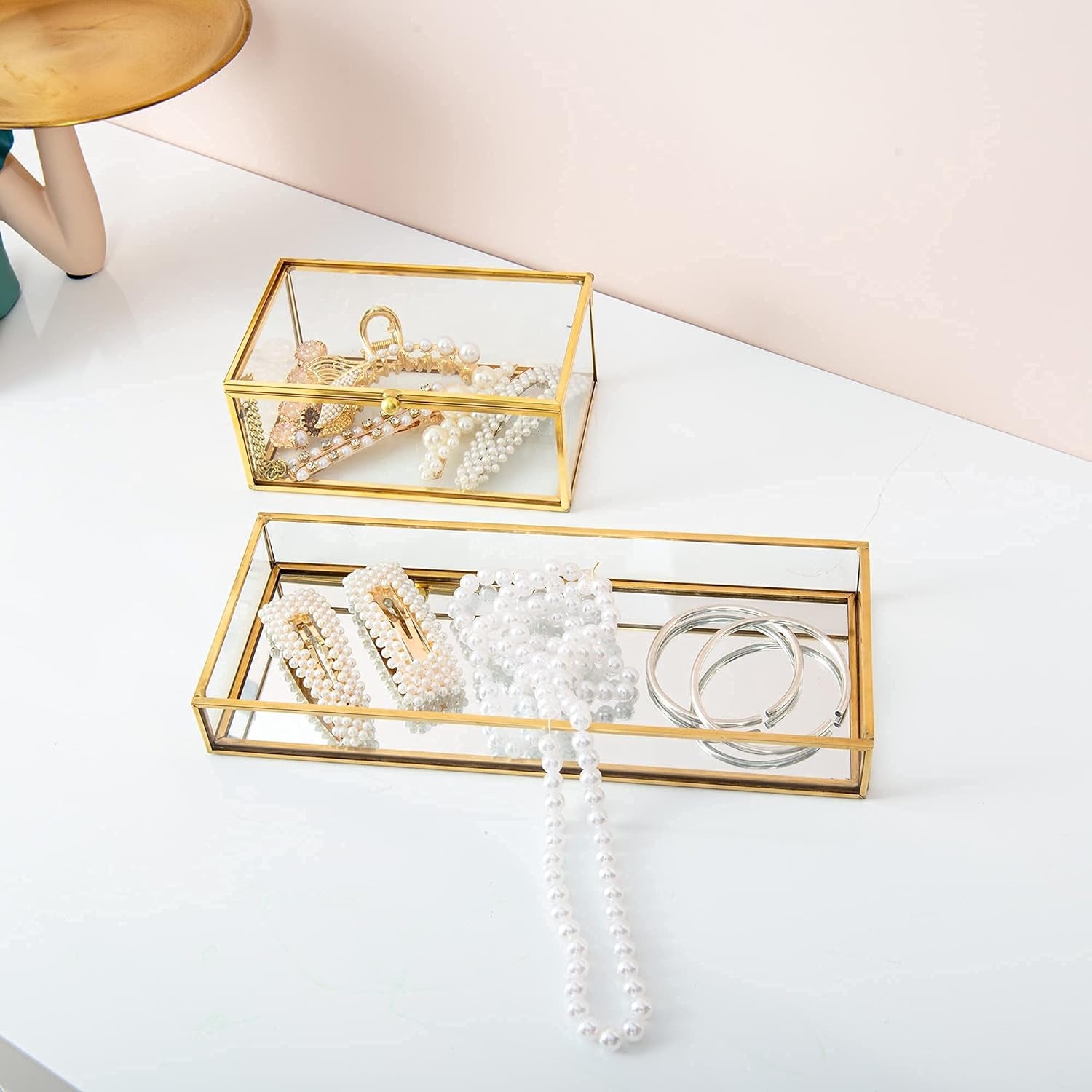 Clear Glass Organizer Tray displaying jewelry with transparent sides for a stylish visible display