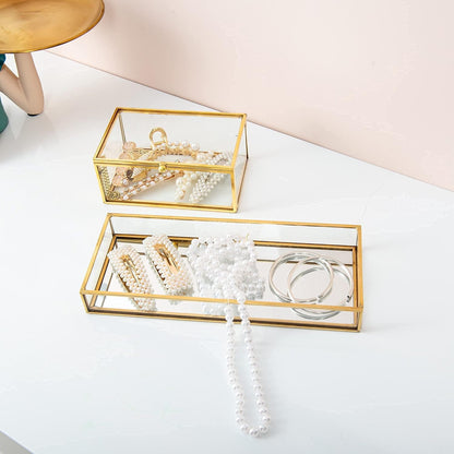 Clear Glass Organizer Tray displaying jewelry with transparent sides for a stylish visible display