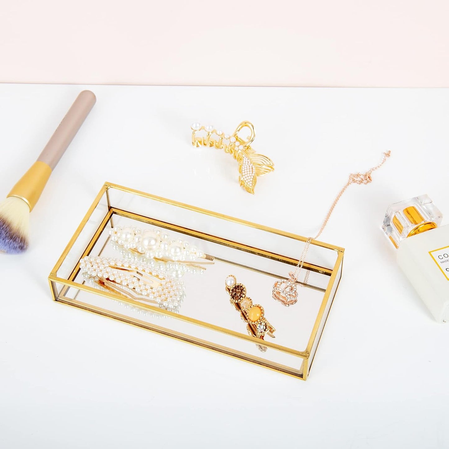 Compact jewellery organizer tray transparent glass gold frame for small spaces