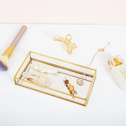 Compact jewellery organizer tray transparent glass gold frame for small spaces