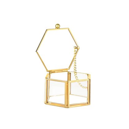 Gold Glass Jewelry Box side view showcasing the hexagonal structure and elegant golden frame design
