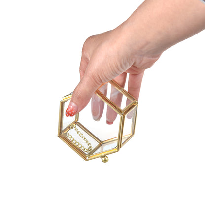 Mini Gold Glass Jewelry Box held in hand with a compact design for small jewelry storage