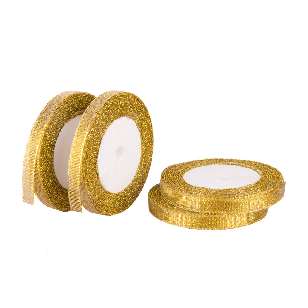 Feyarl Gold Metallic Glitter Ribbon Featuring Slim Width, Bright Sparkle, and Refined Crafting Style
