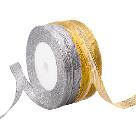 Feyarl Gold and Silver Metallic Glitter Ribbon Roll Featuring Elegant Shine and Versatile Crafting Appeal