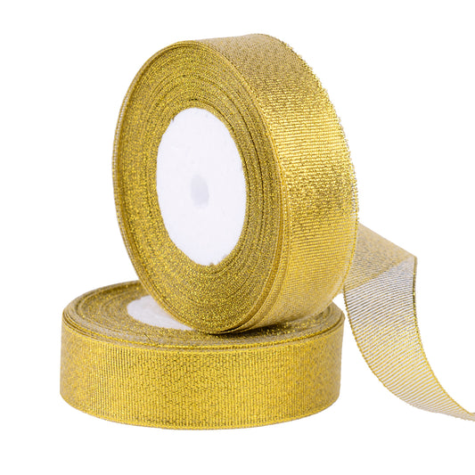 Feyarl Gold Glitter Metallic Ribbon with Sparkling Polyester Design for Gift Wrapping, Crafts, Weddings, and Holiday Decorations
