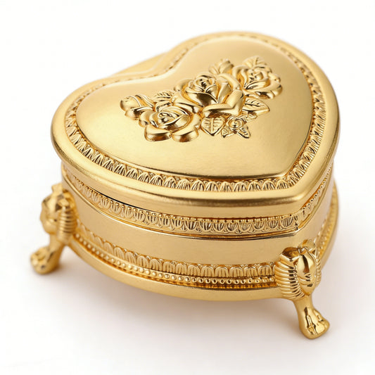 Feyarl Gold Heart Shaped Jewelry Box with Rose Engraving and Velvet Lining for Elegant Storage