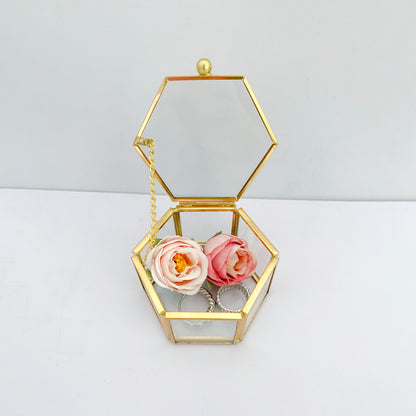 Feyarl Gold Glass Jewelry Box, Small Ring & Earring Organizer, Trinket Display Case for Valentine's Day & Weddings