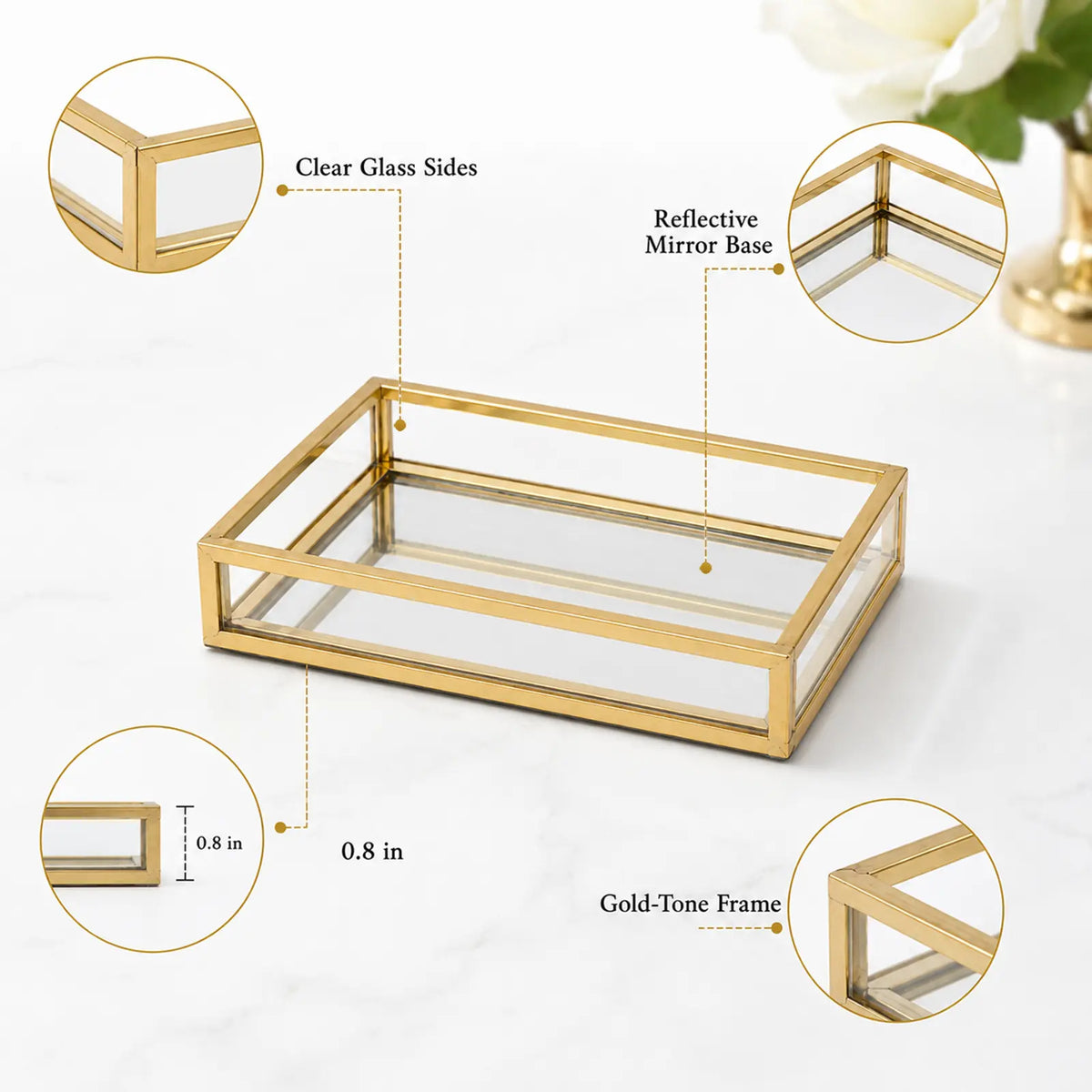 Gold Glass Vanity Organizer featuring a gold metal frame, transparent glass panels, and reflective mirrored base