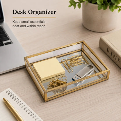 Glass Organizer storing small office supplies on a desk for a neat and organized workspace