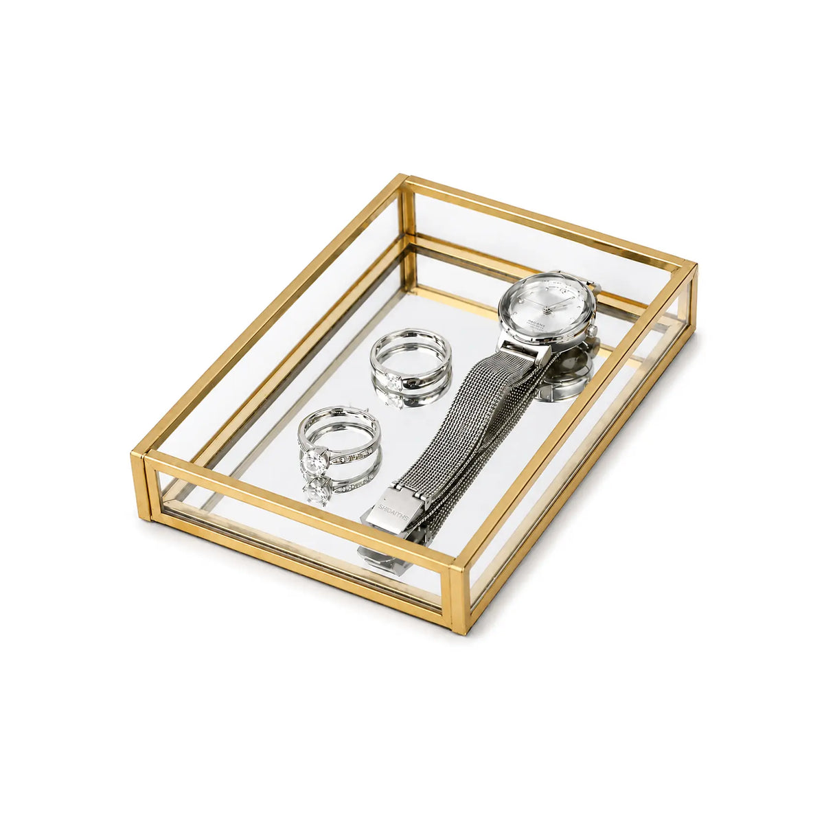 Gold Glass Watch Tray featuring a refined gold frame and transparent design for stylish tabletop display
